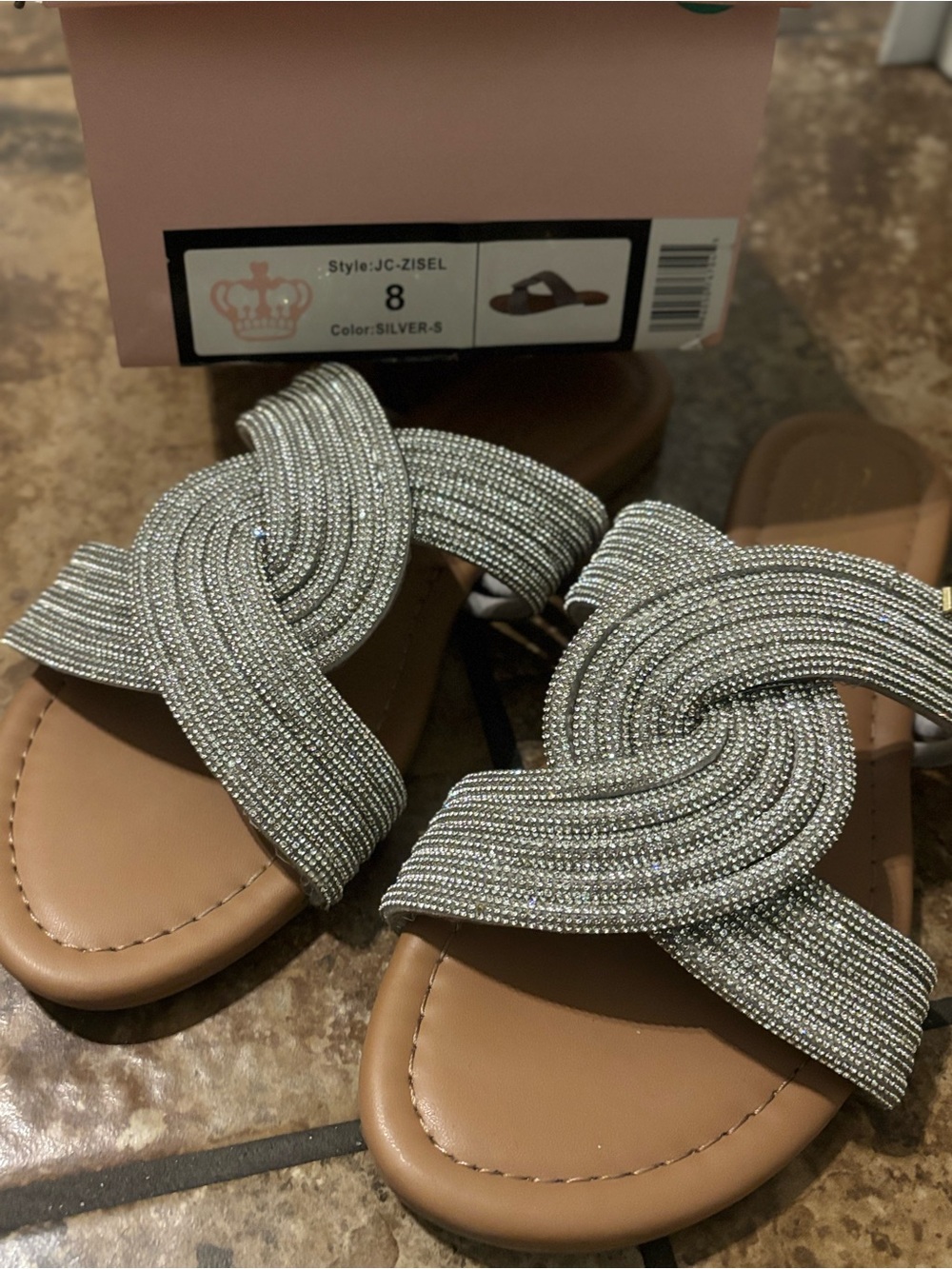 Juicy Couture Silver Rhinestone Knot Slide Sandals